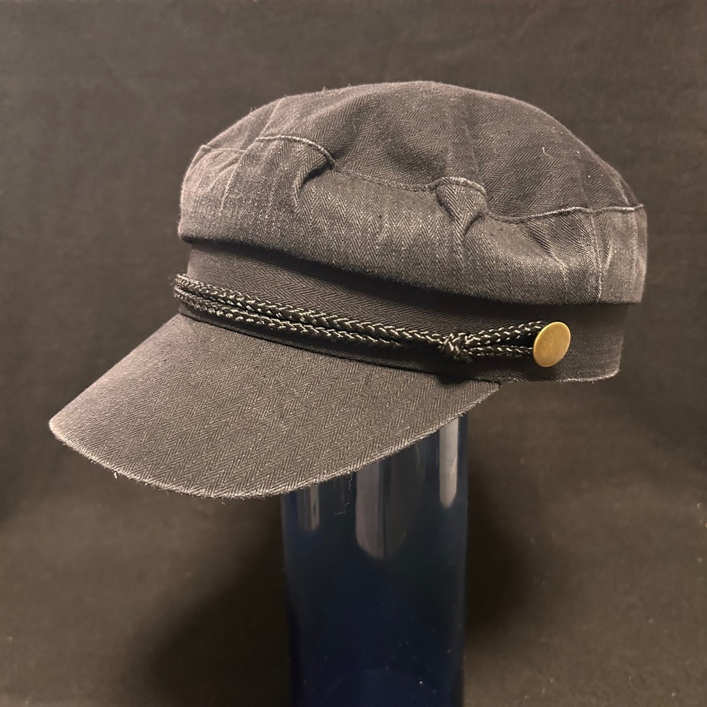 Greek Fiddler Fisherman Cap Women One Size Black Herringbone Baker Boy Hat